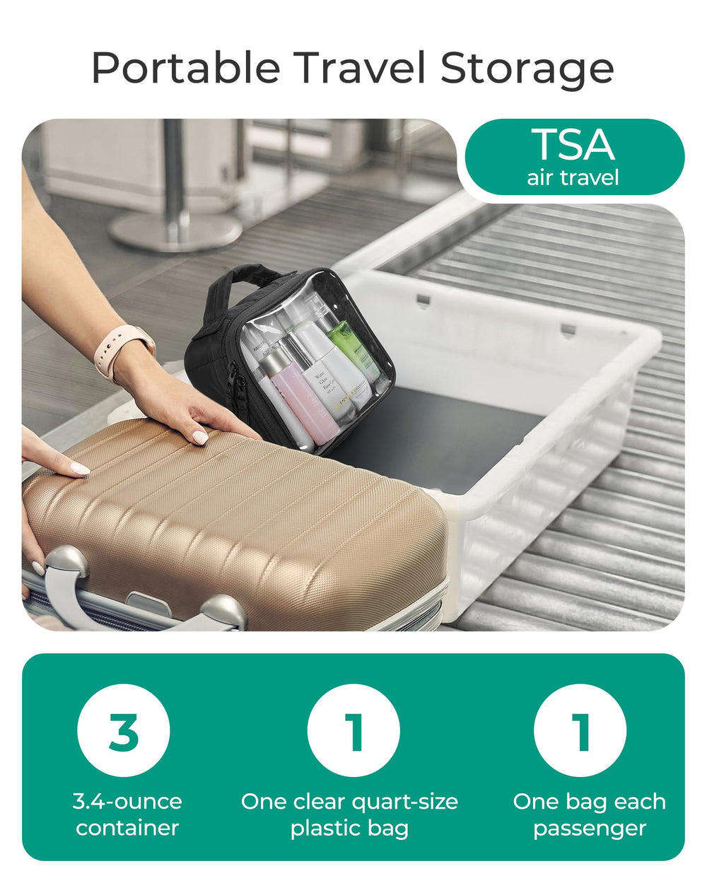 BAGSMART front view shows compact, travel-friendly clear bag for quick checks.