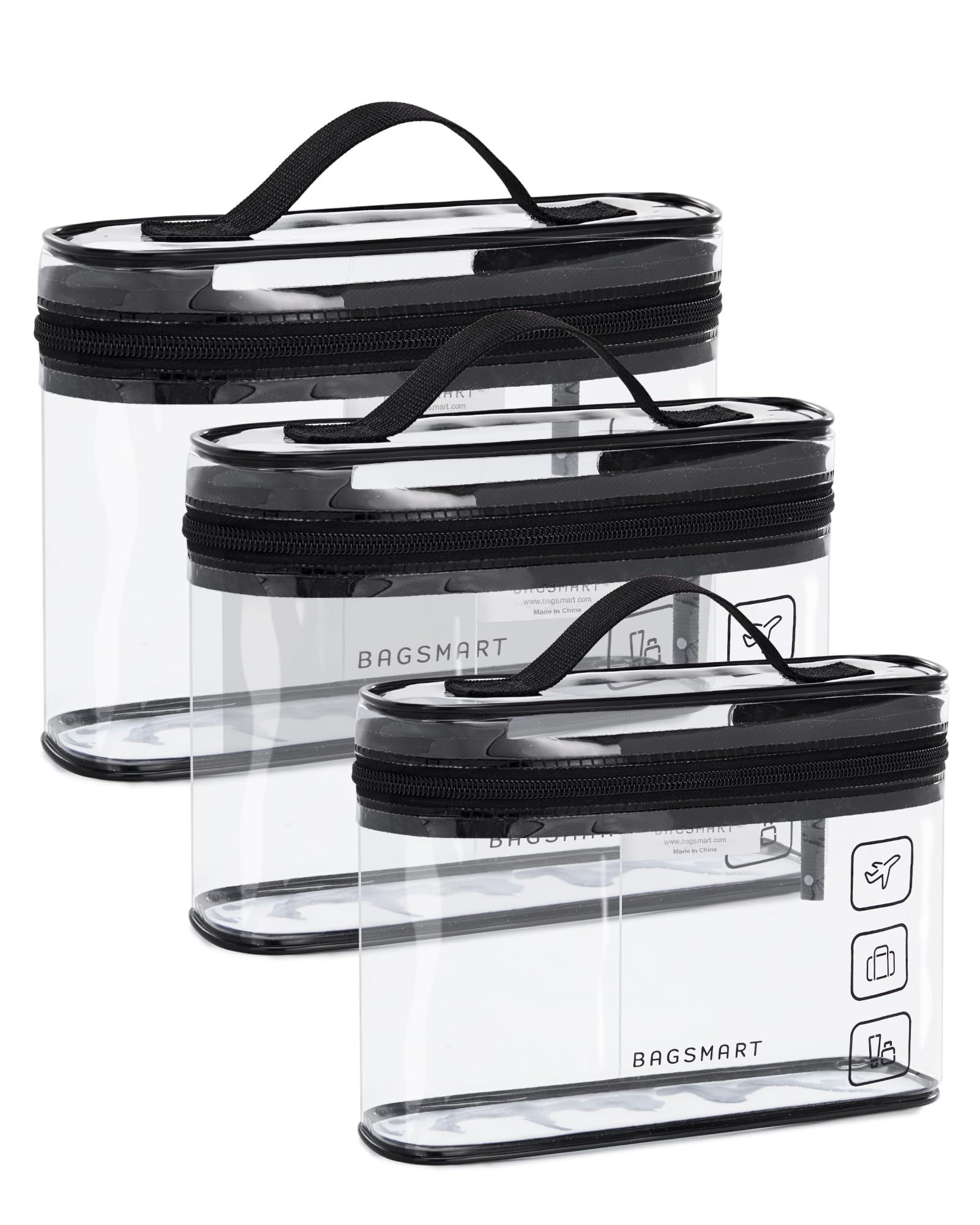BAGSMART clear toiletry bag opens 180 degrees for quick access.