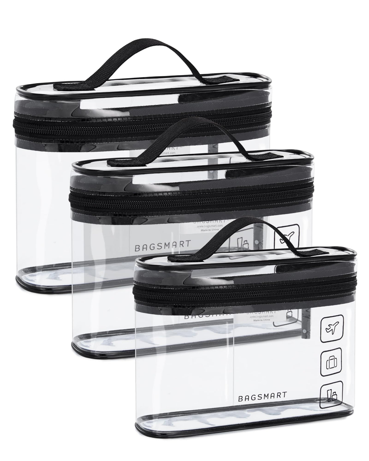 BAGSMART clear toiletry bag opens 180 degrees for quick access.