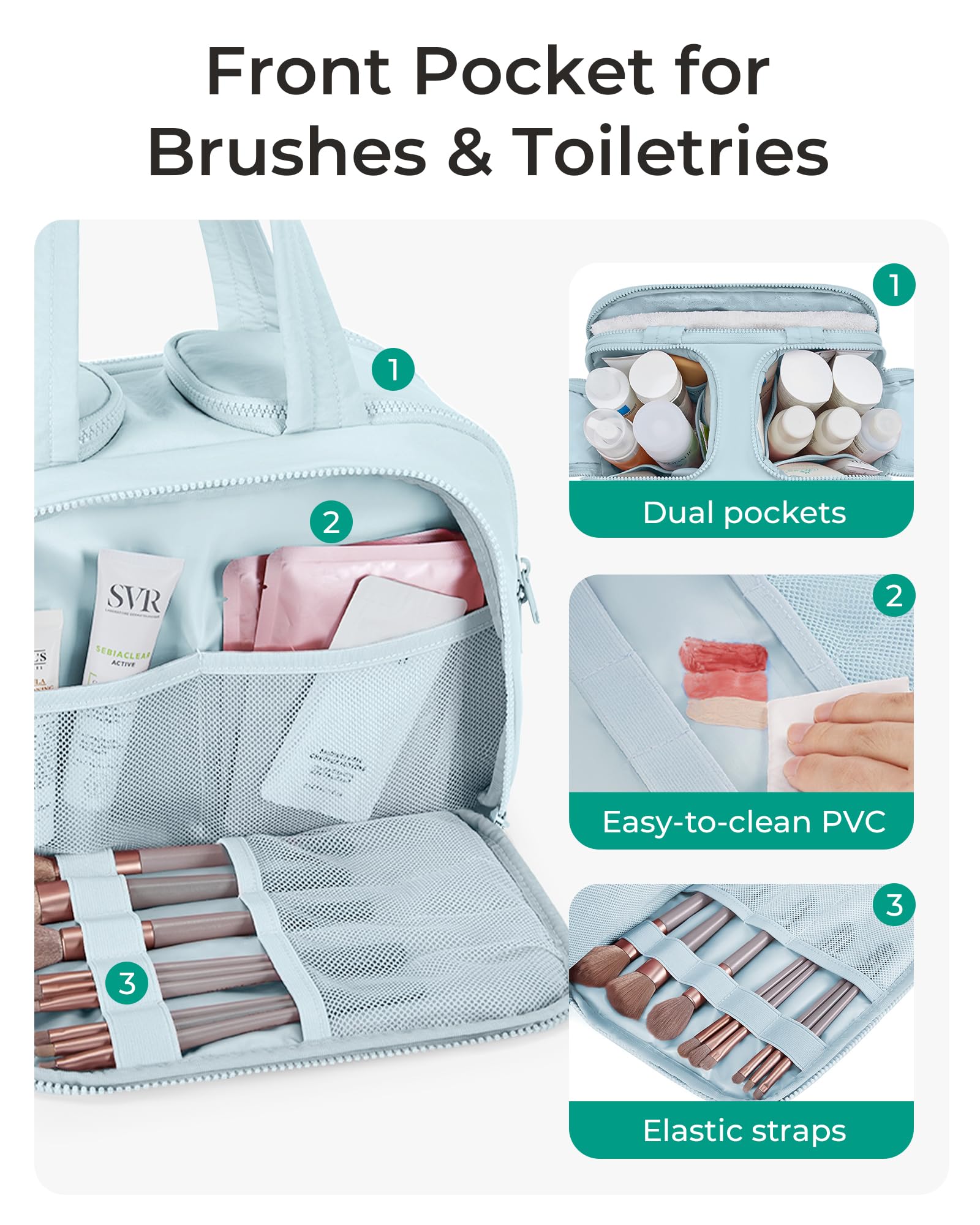 BAGSMART upright-design toiletry bag keeps bottles standing during transit.