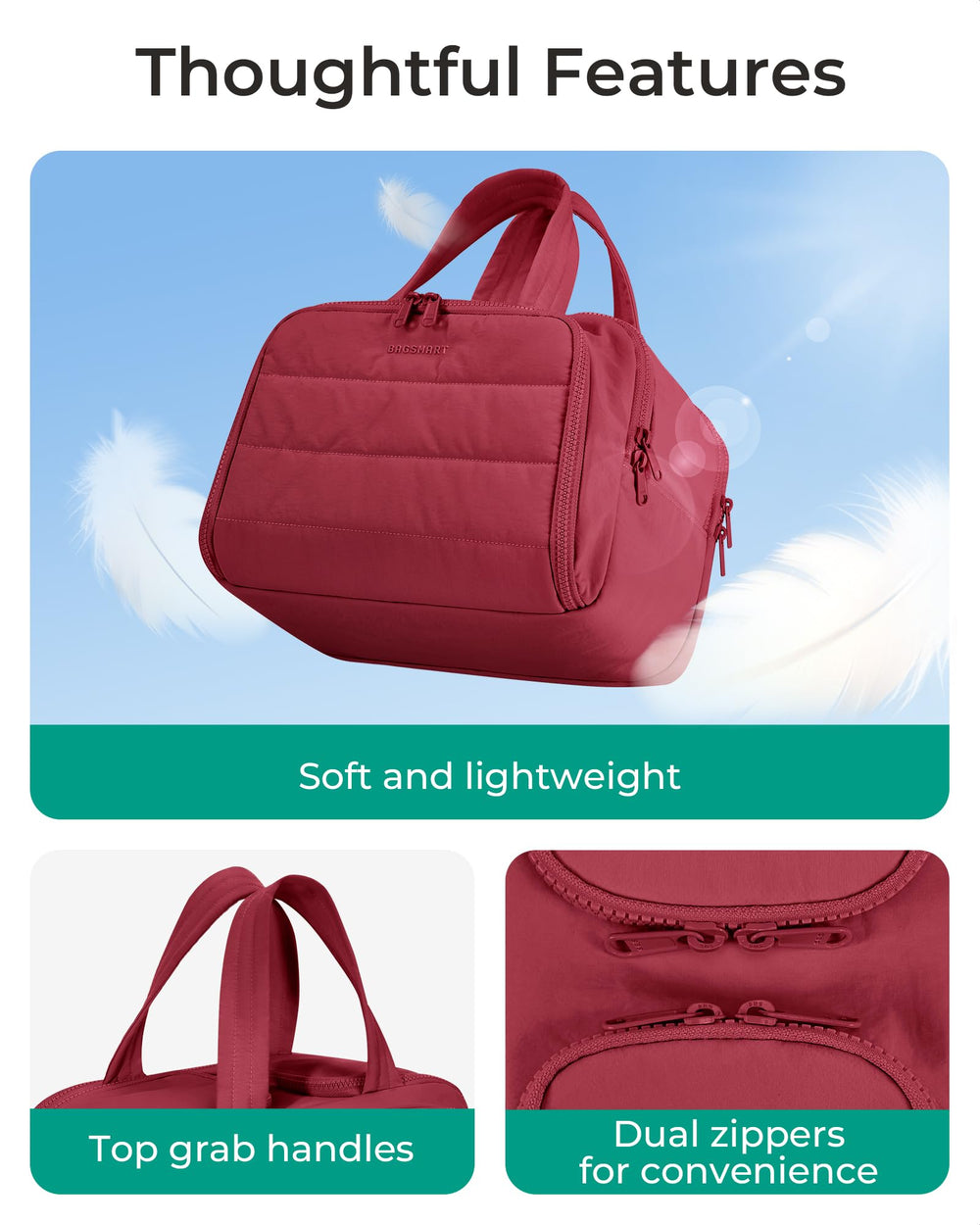 BAGSMART bag features waterproof front pocket to separate wet items during travel.