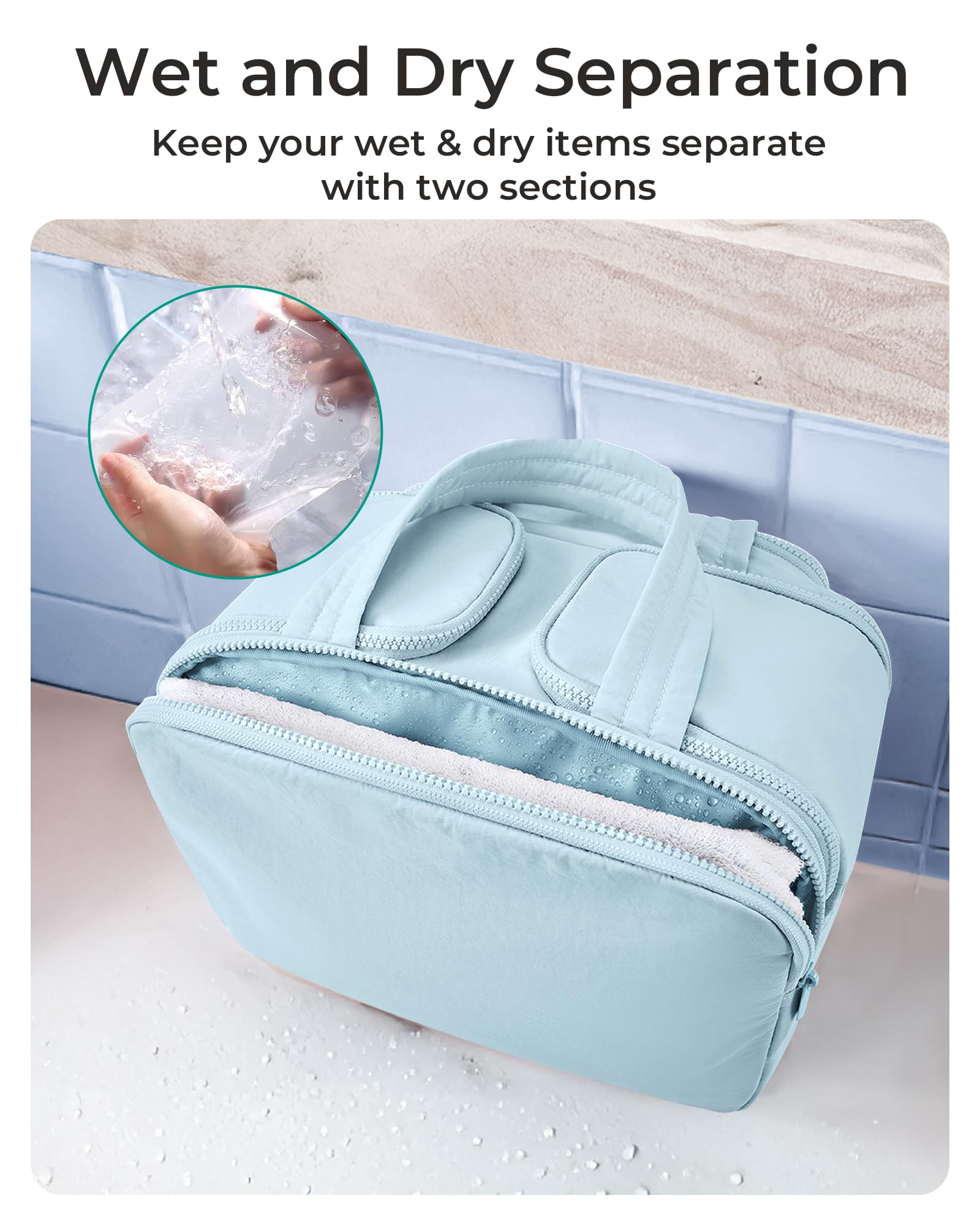 BAGSMART waterproof front pocket for easy dry-wet separation.