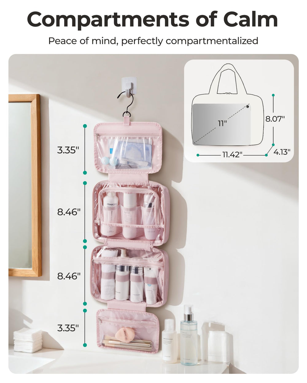 BAGSMART waterproof makeup bag showcases durable fabric that resists spills during trips