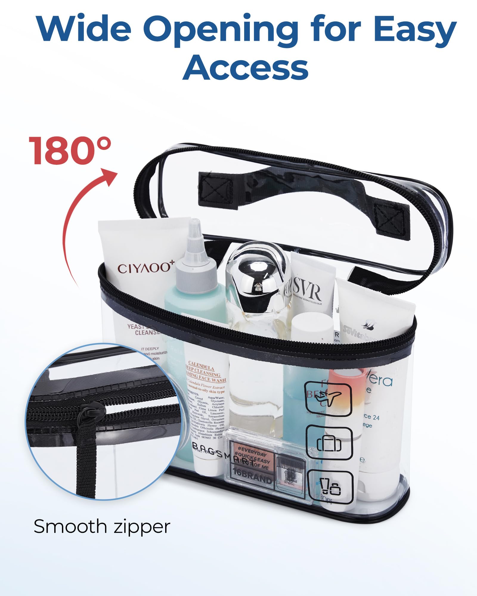 BAGSMART waterproof PVC clear bag provides easy visibility and cleaning.