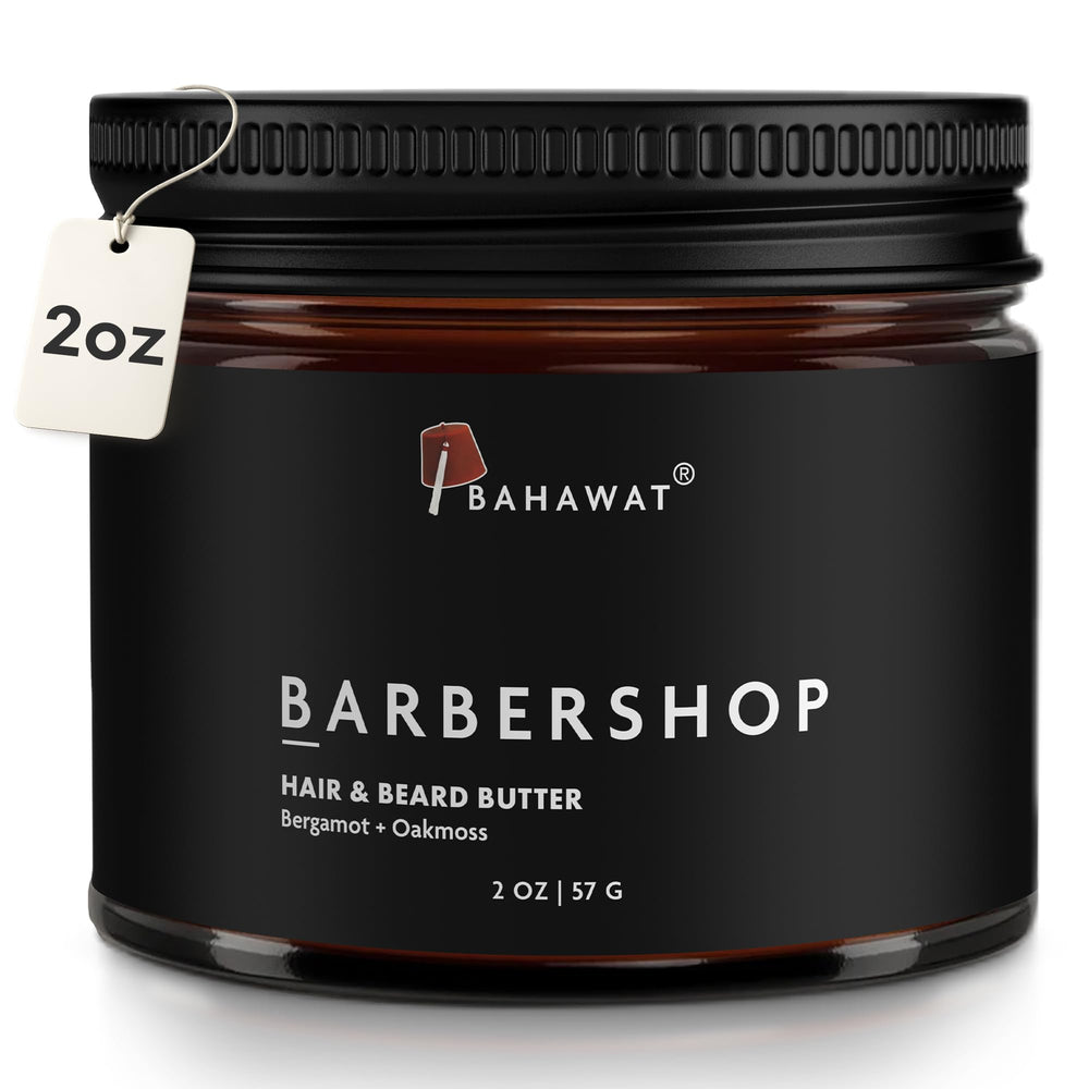 BAHAWAT beard butter packaging with barbershop scent for soft beard