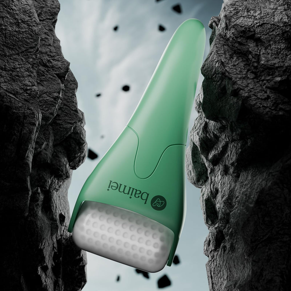 Close-up of BAIMEI IcyMe ice roller in use on the face