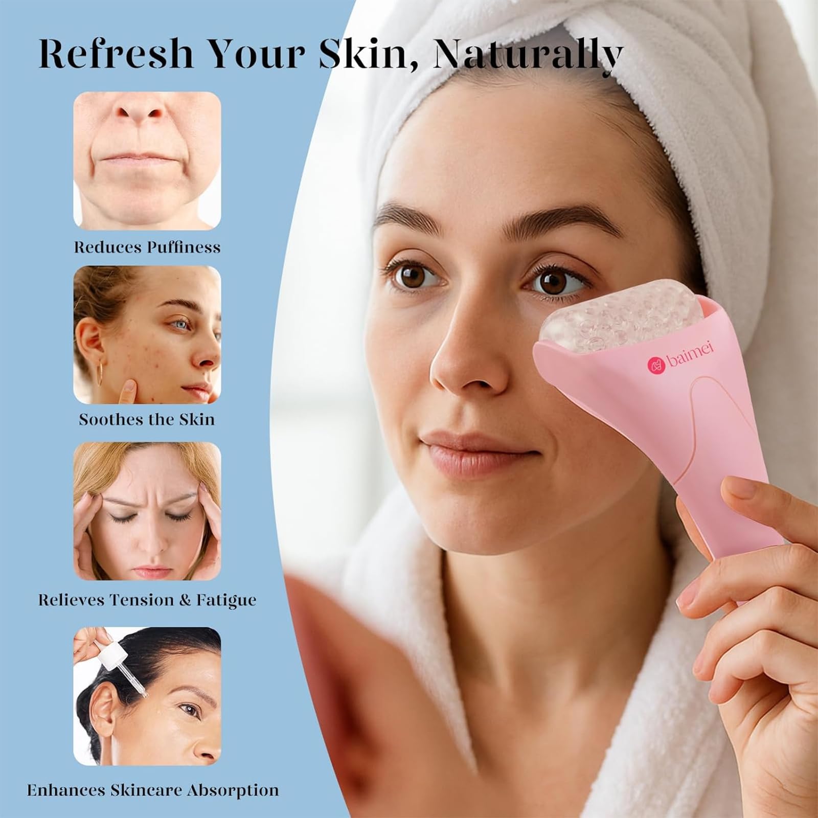 BAIMEI IcyMe ice roller delivers a cooling effect that refreshes the skin.