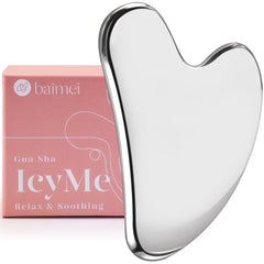 BAIMEI IcyMe stainless steel gua sha tool close-up for a refreshing facial glide.