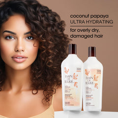 Bain de Terre Coconut Papaya Champú, detalle de aceites argán y monoi para brillo.