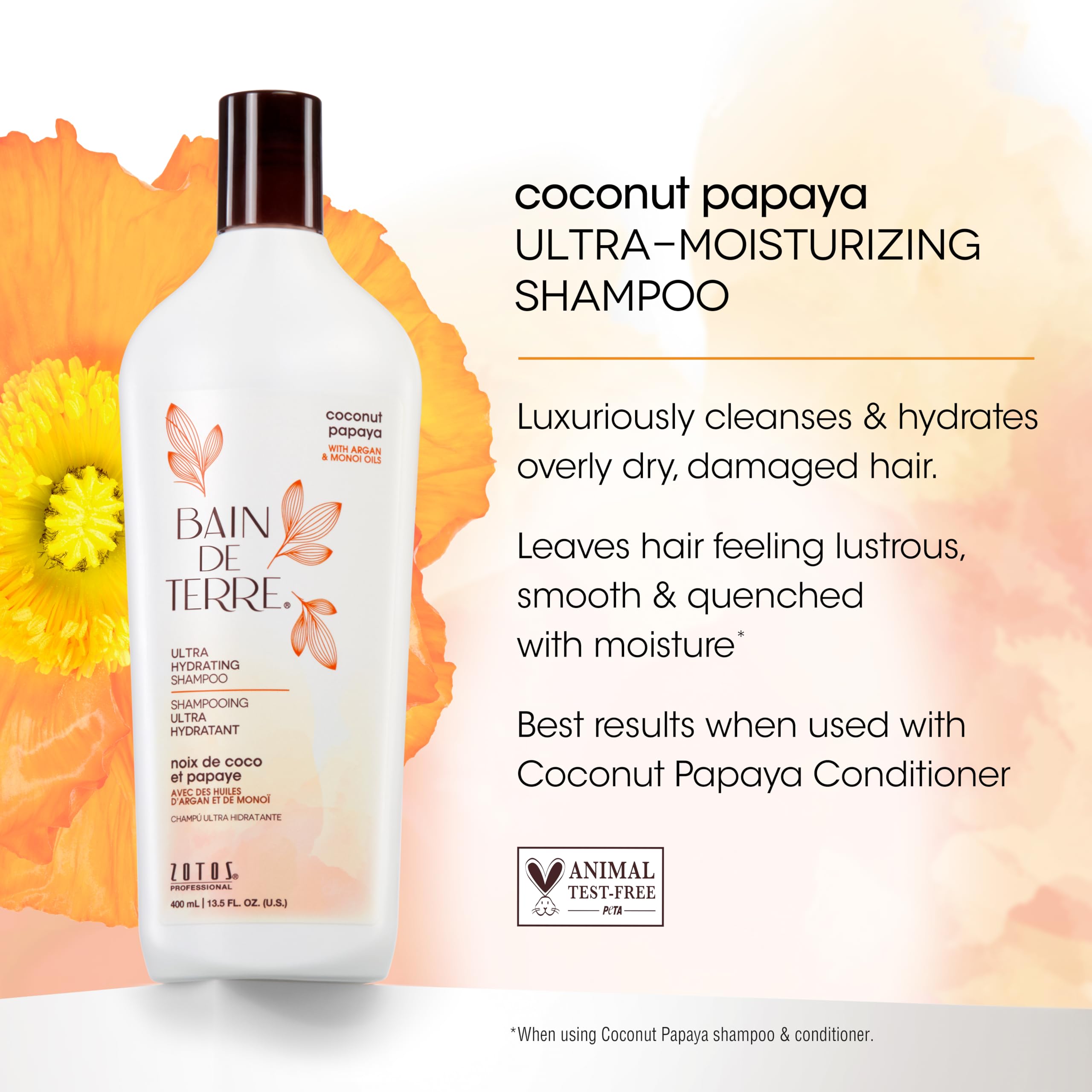 Bain de Terre Coconut Papaya Champú, ingredientes coco y papaya, suaviza cabellos dañados.