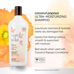 Bain de Terre Coconut Papaya Champú, ingredientes coco y papaya, suaviza cabellos dañados.