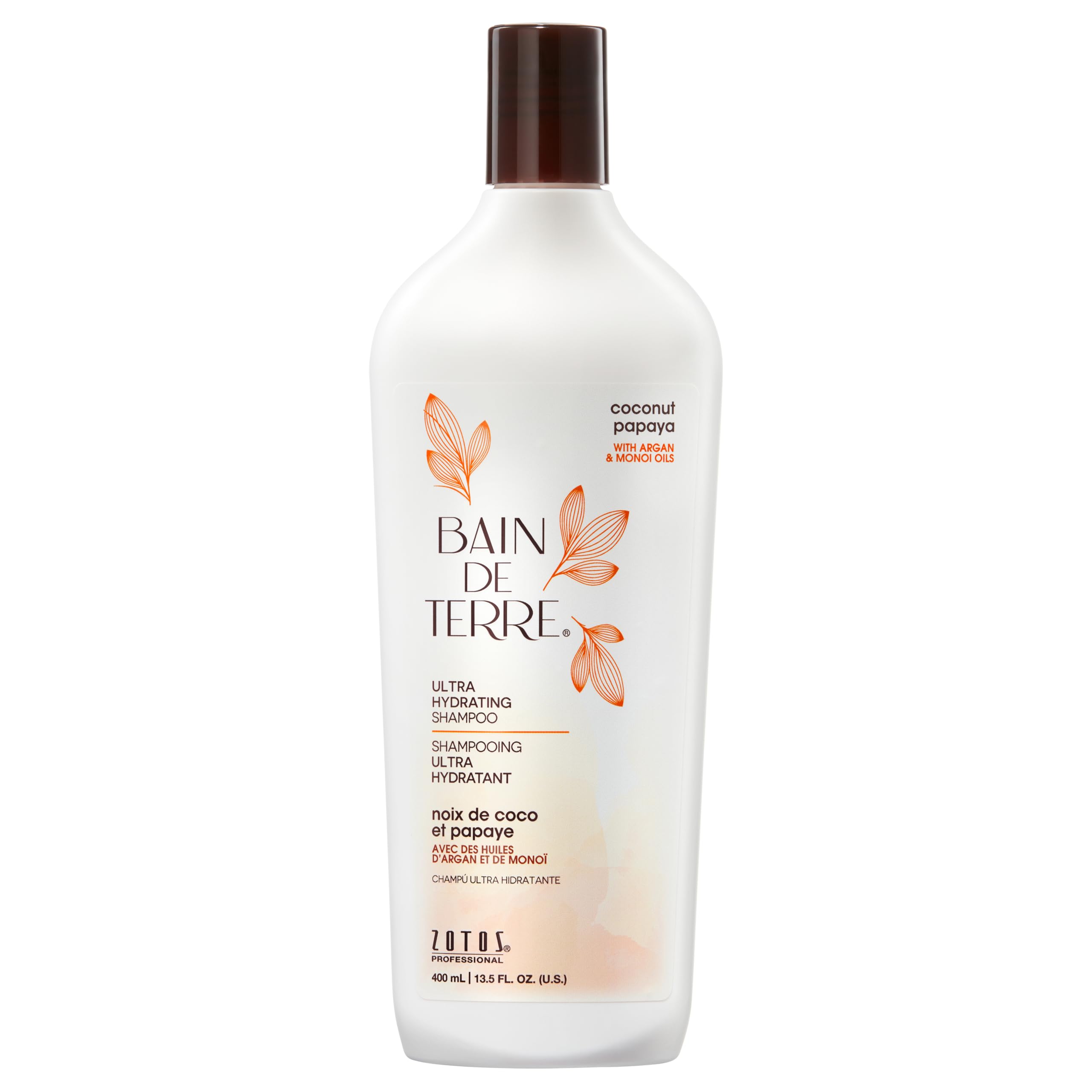 Bain de Terre Coconut Papaya Champú, botella frontal, hidratación profunda para cabello seco.