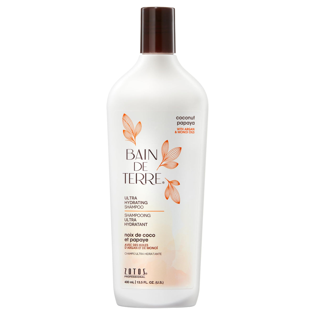 Bain de Terre Coconut Papaya Champú, botella frontal, hidratación profunda para cabello seco.