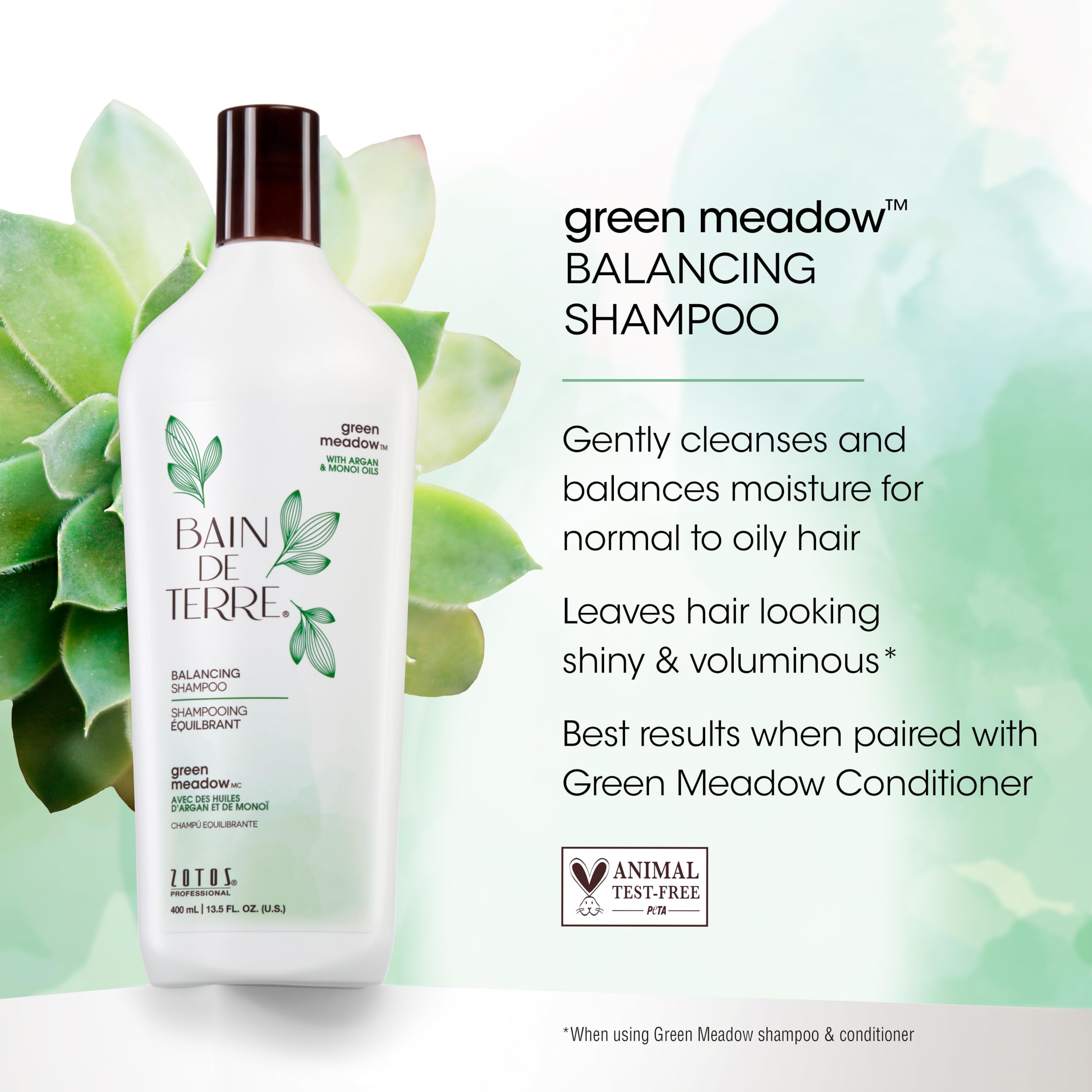 Bain de Terre Green Meadow Balancing Shampoo argan oil infusion visual emphasizing deep conditioning.