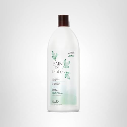 Bain de Terre Green Meadow Balancing Shampoo packaging close-up highlighting sustainable design.