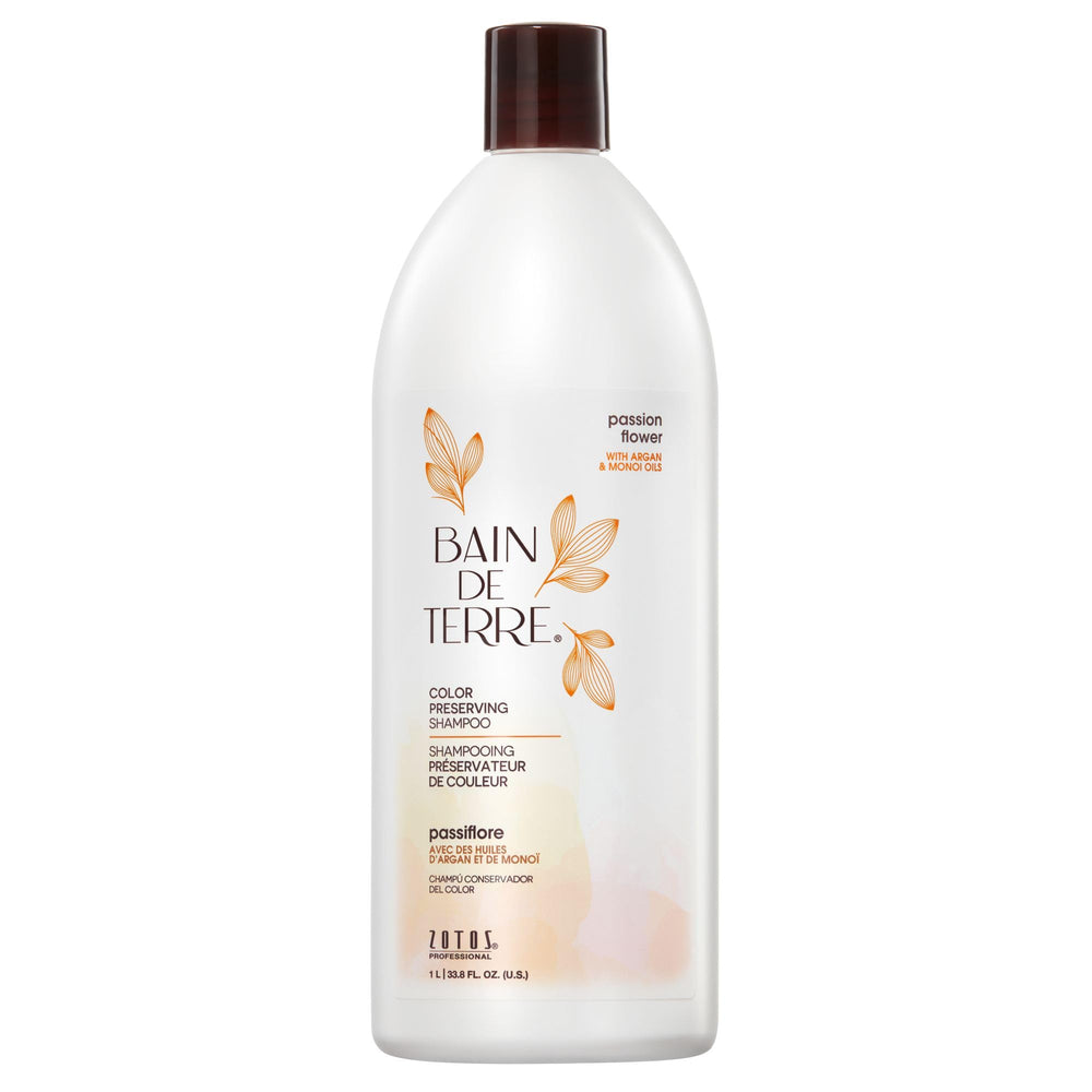 Bain de Terre Passion Flower shampoo bottle emphasizing color preservation for vibrant, long-lasting color.