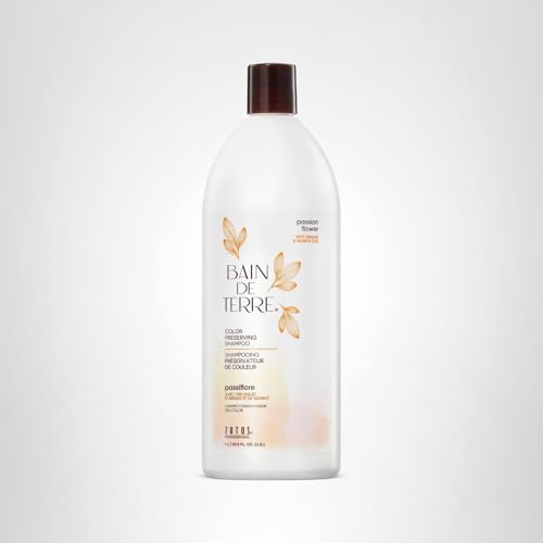 Bain de Terre Passion Flower shampoo bottle with hair application scene hints at manageable, color-safe routine.