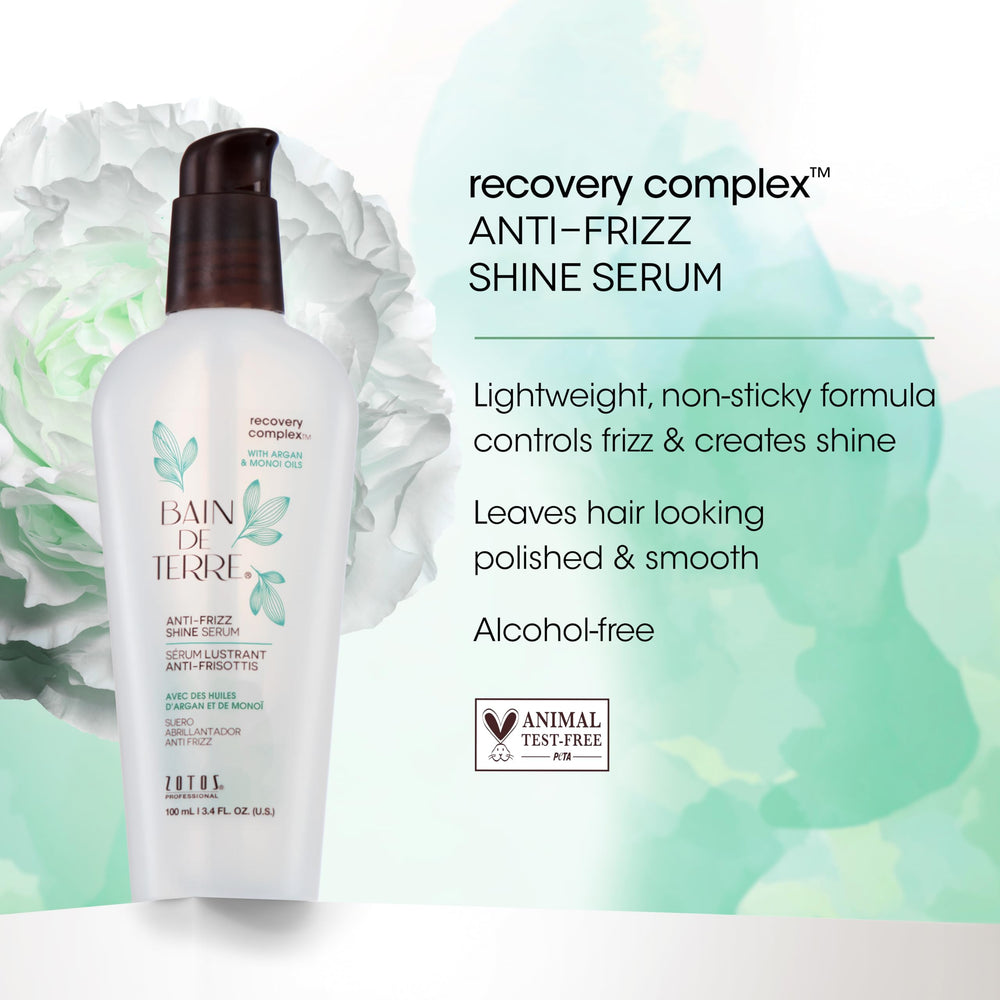 Bain de Terre Recovery Complex Anti-Frizz Serum with argan oil glow on hair.