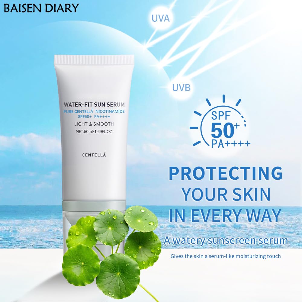 BAISEN DIARY protector solar Centella, aplicación suave en manos y acabado hidratante.