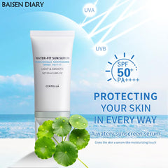 BAISEN DIARY protector solar Centella, aplicación suave en manos y acabado hidratante.