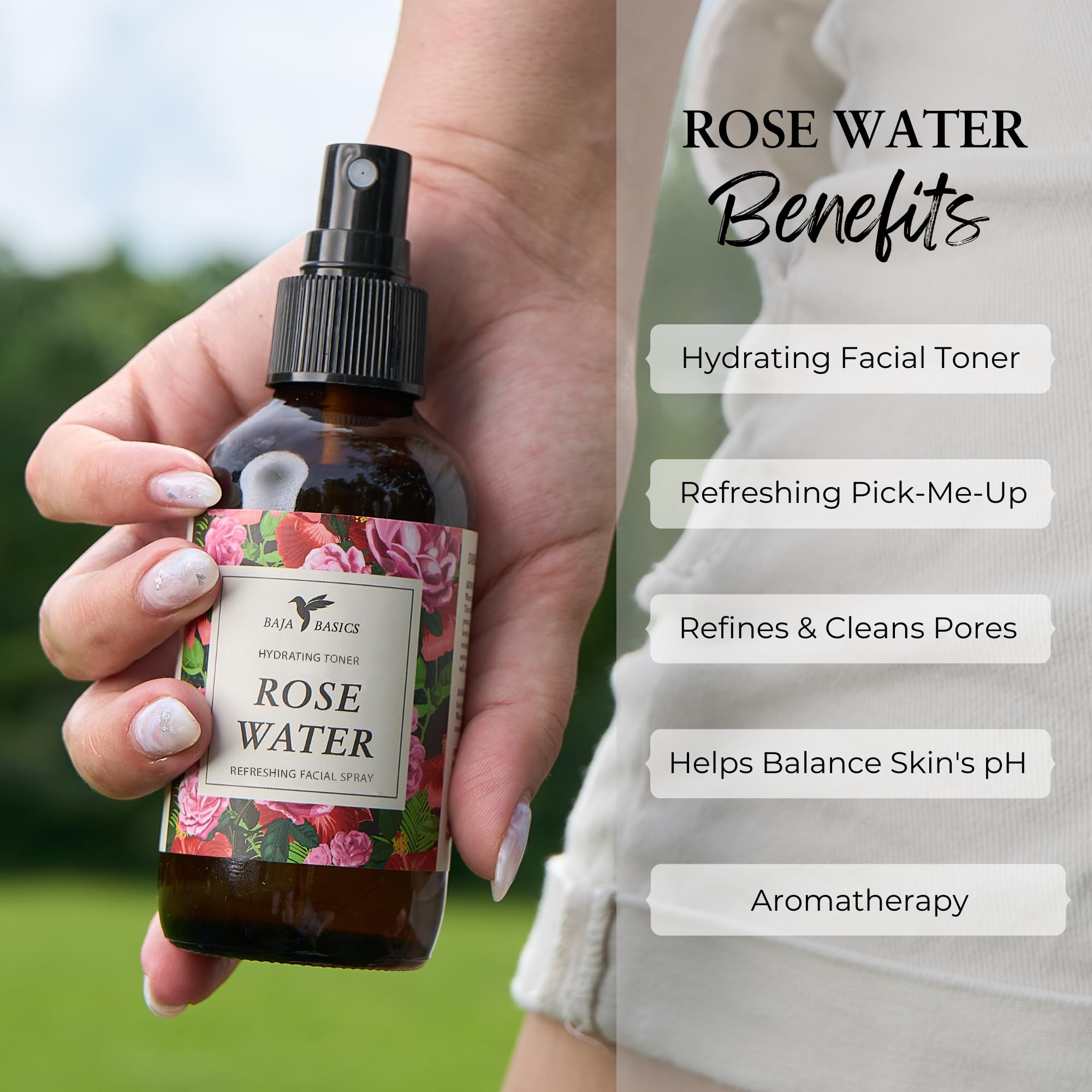 Aroma suave de rosa con Baja Basics Rose Water Spray para relajación.