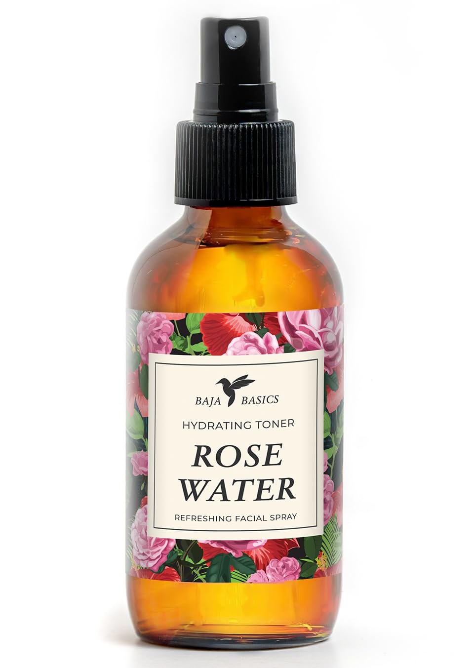 Baja Basics Rose Water Spray: vertido en la botella para aroma floral natural.