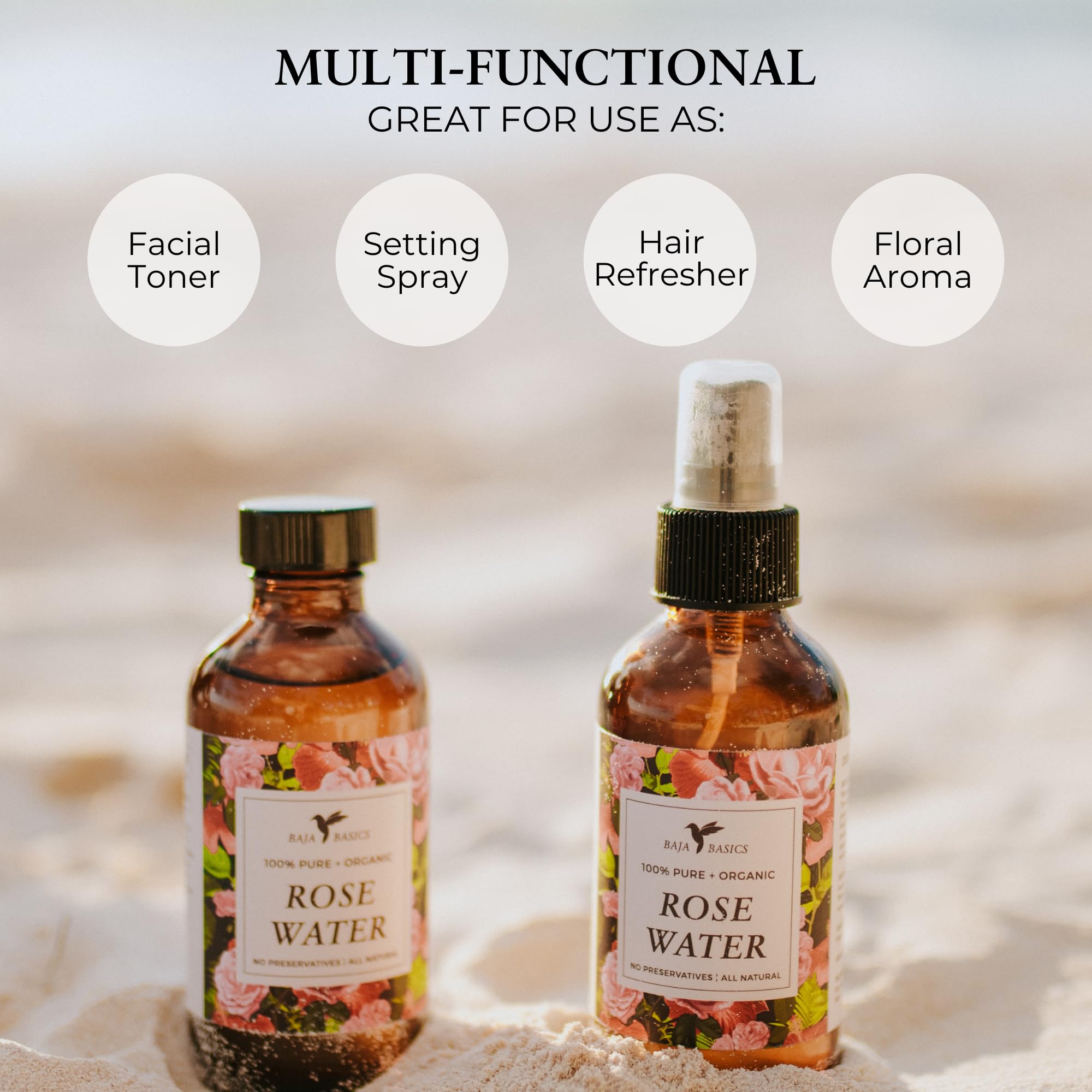 Baja Basics Rose Water Spray en cabello para humectación suave.