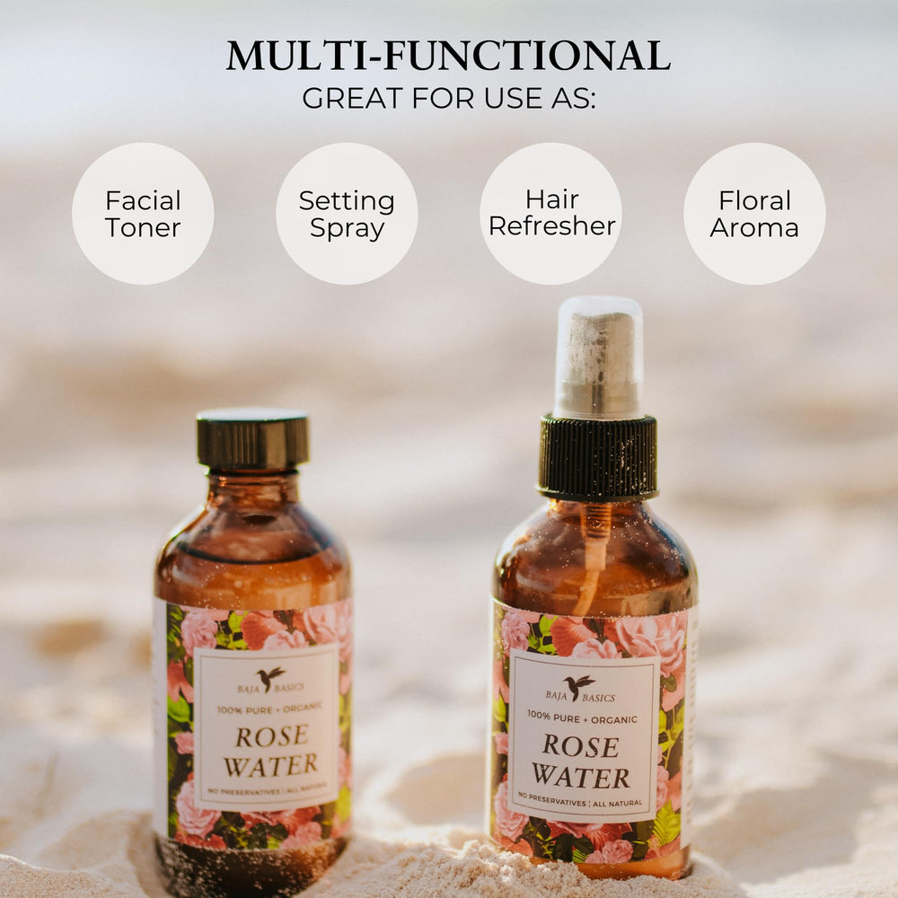 Baja Basics Rose Water Spray en cabello para humectación suave.