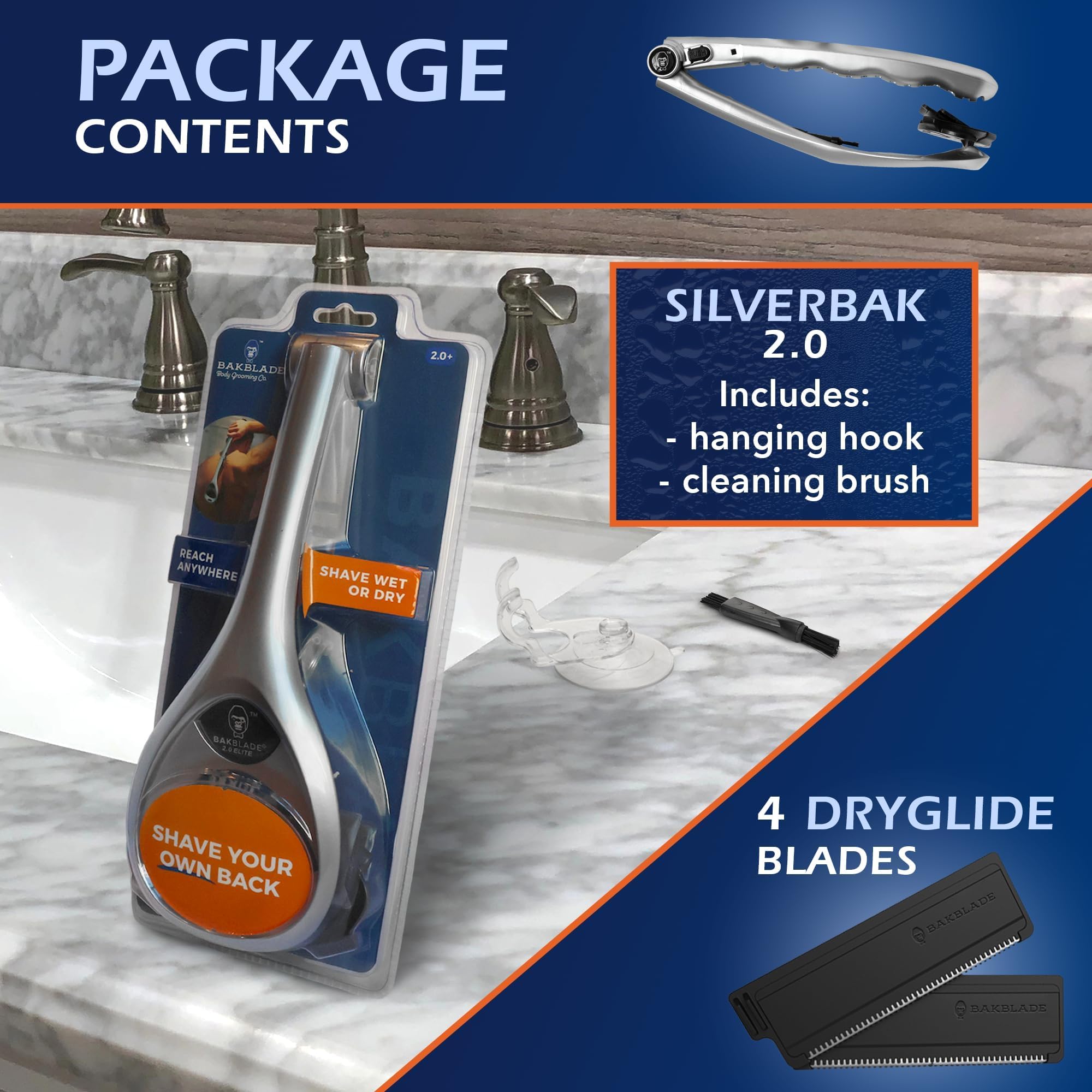 BaKblade 2.0 SilverBak back shaver close-up highlights design details.