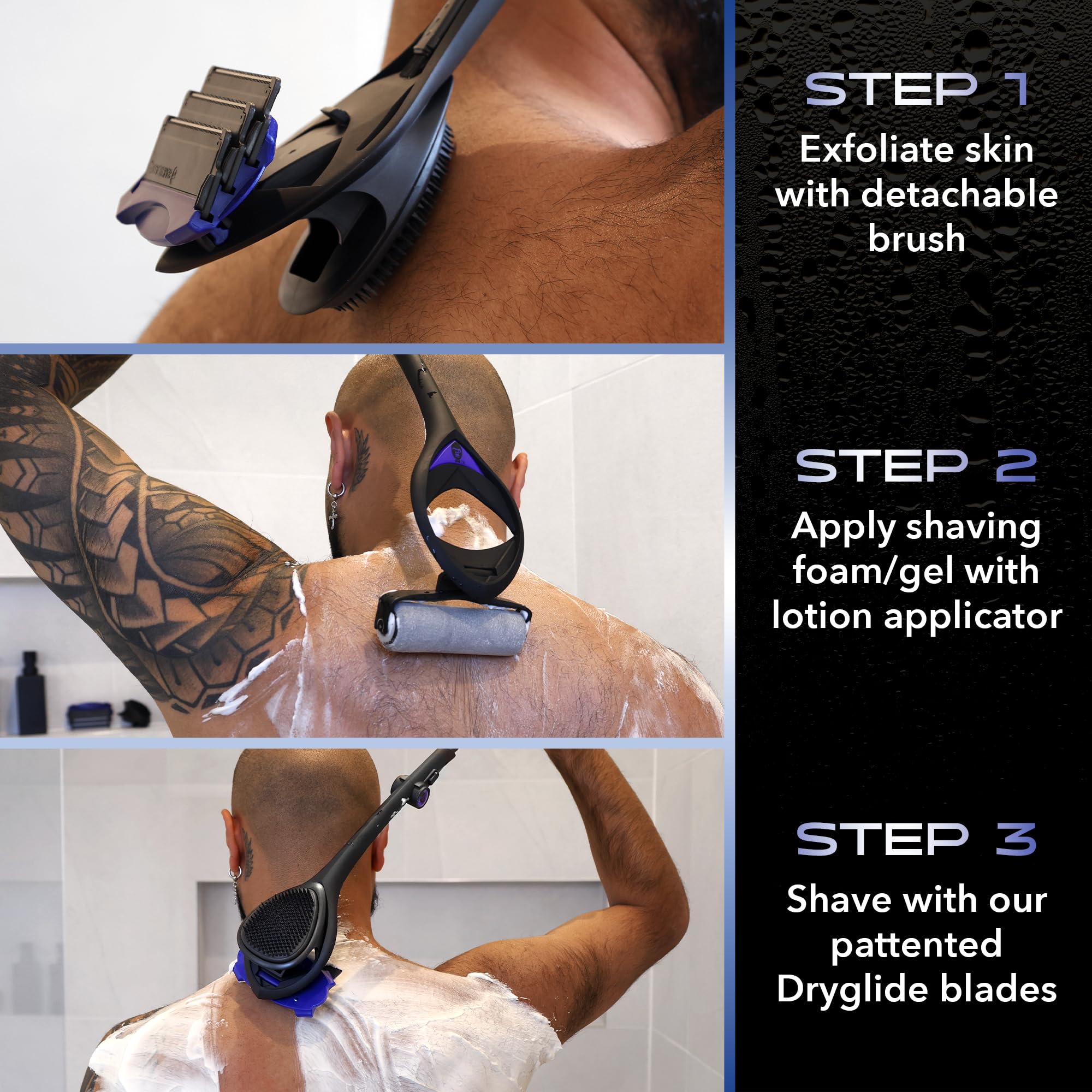 BaKBlade dual-sided handle supports forehand and backhand shaving.