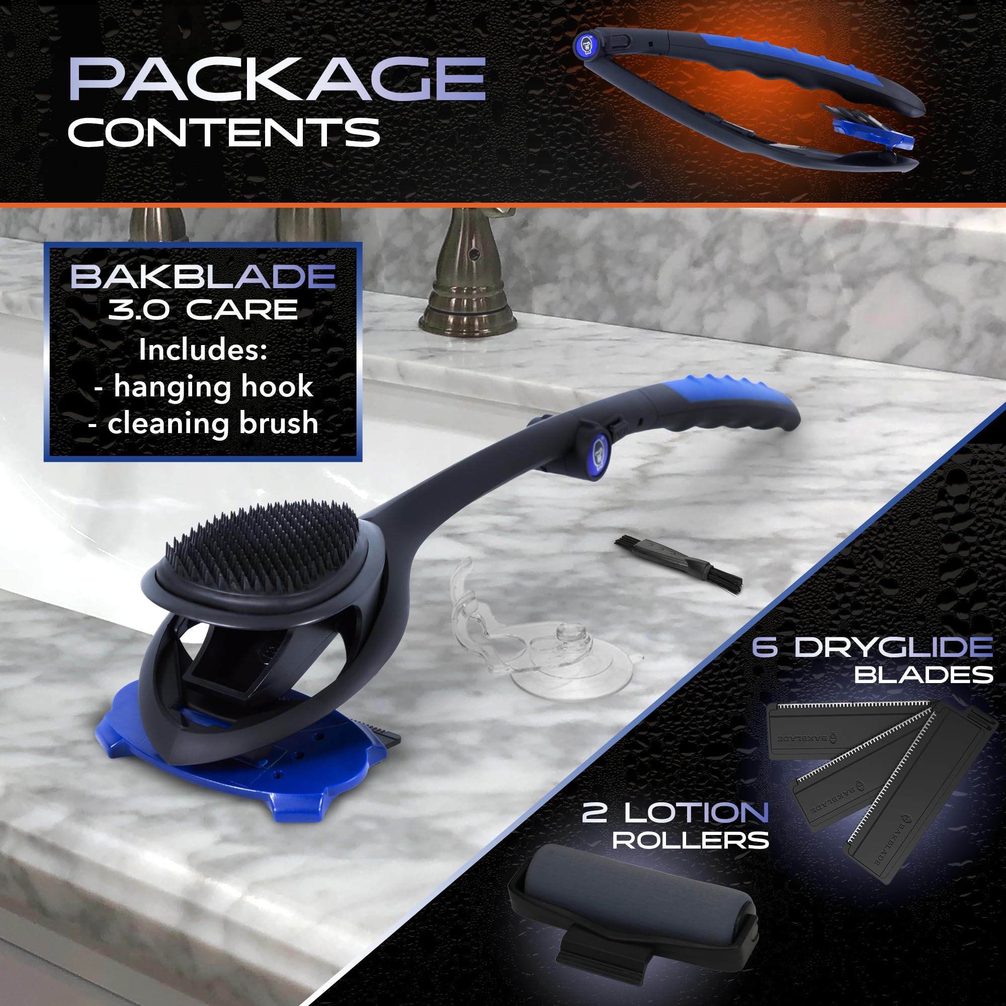 BaKBlade ergonomic silicone grip enhances control during wet or dry use.