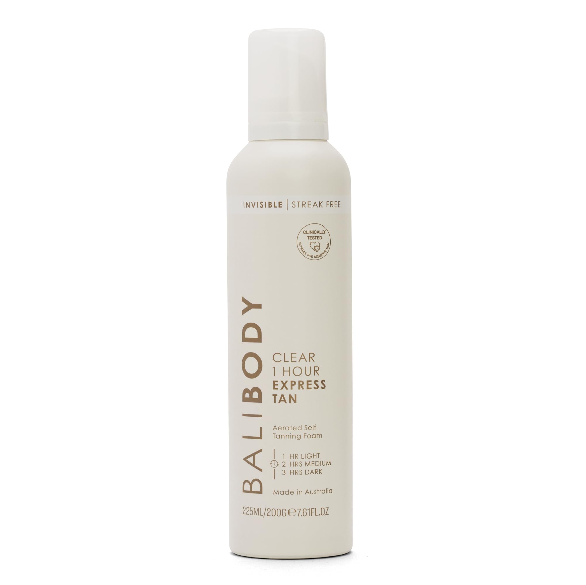 BALI BODY Clear 1 Hour Express Tan bottle pouring for quick, mess-free glow.