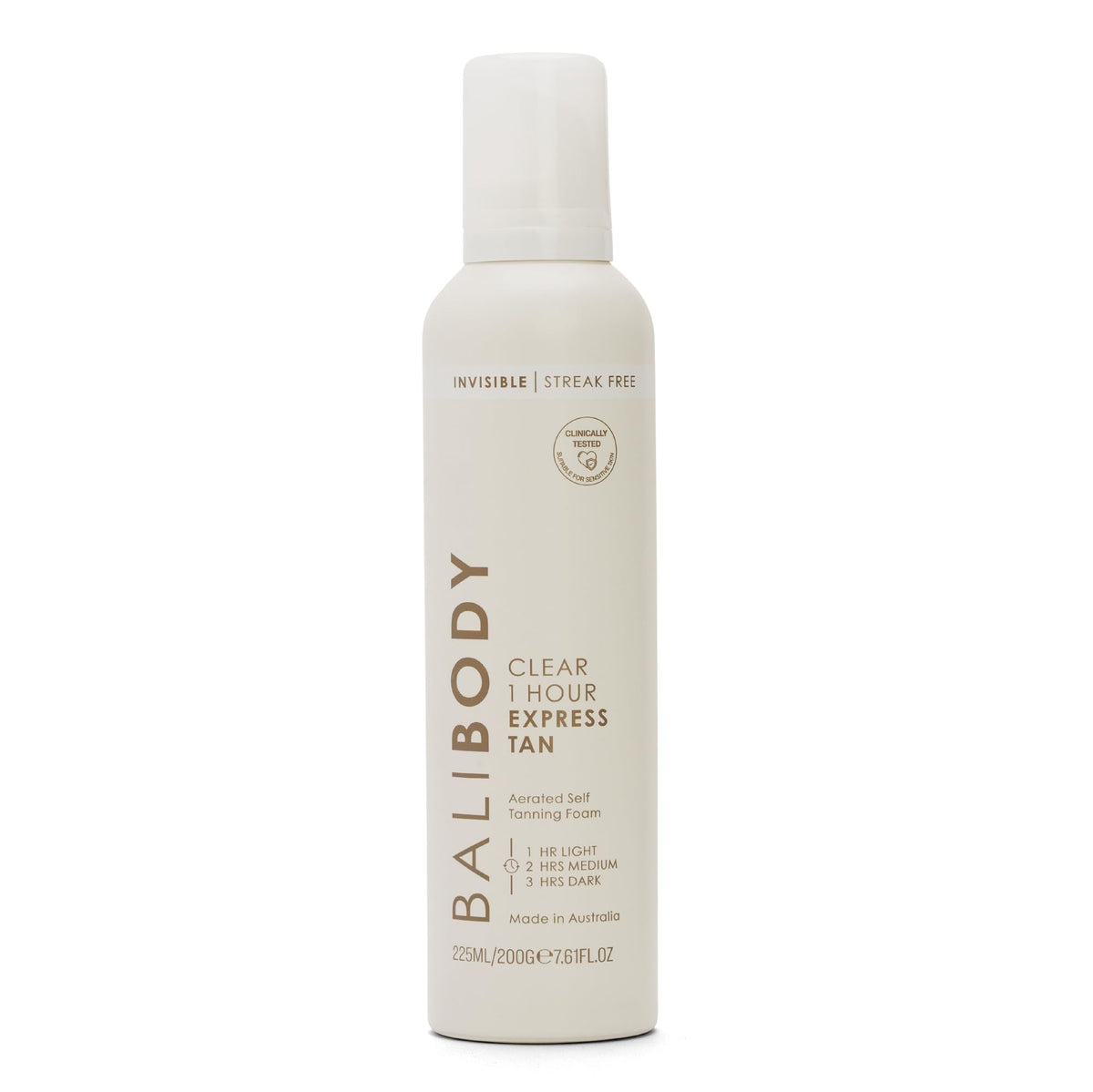 BALI BODY Clear 1 Hour Express Tan bottle pouring for quick, mess-free glow.