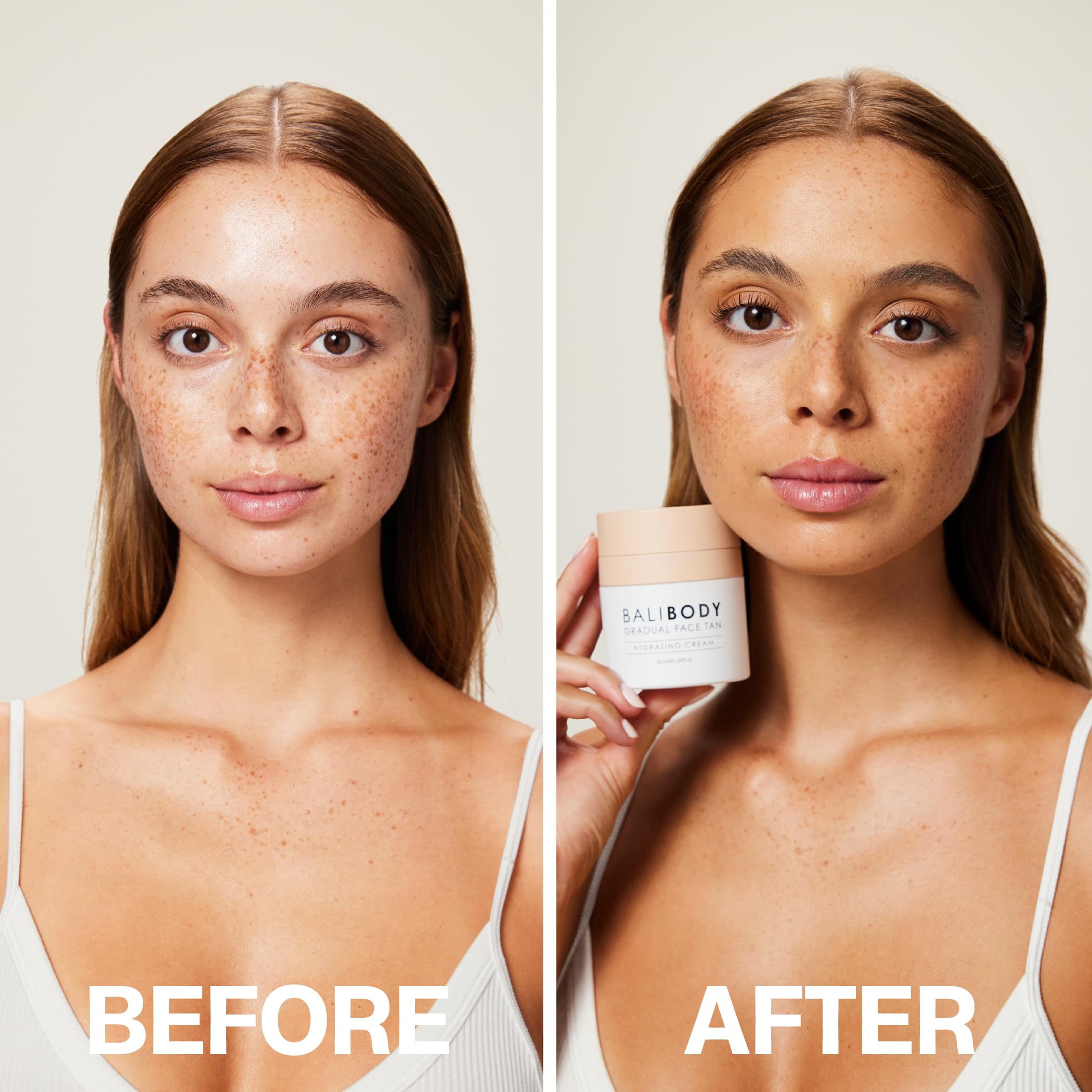 Bali Body gradual face tan application demonstrates easy blend along hairline.