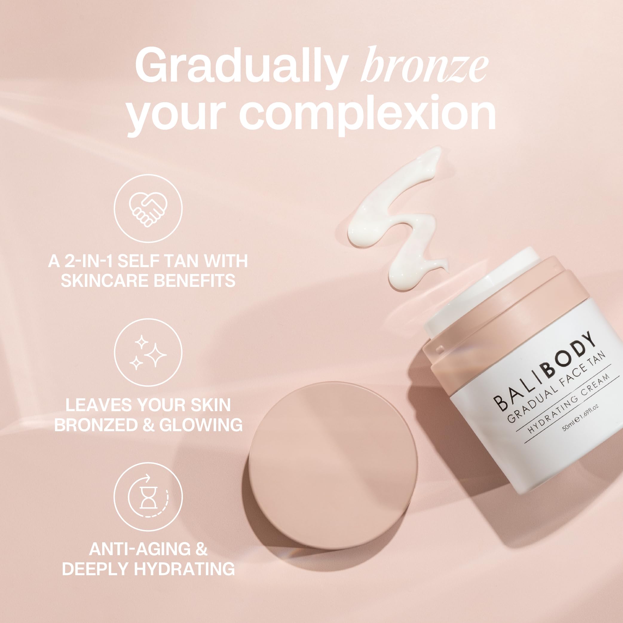 Bali Body gradual face tan ingredients close-up featuring sweet almond oil and shea butter.