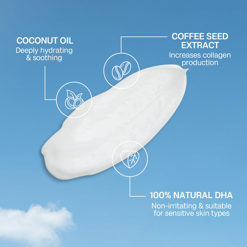 Bali Body Gradual Tan ingredients include coconut oil and cocoa butter for hydration.
