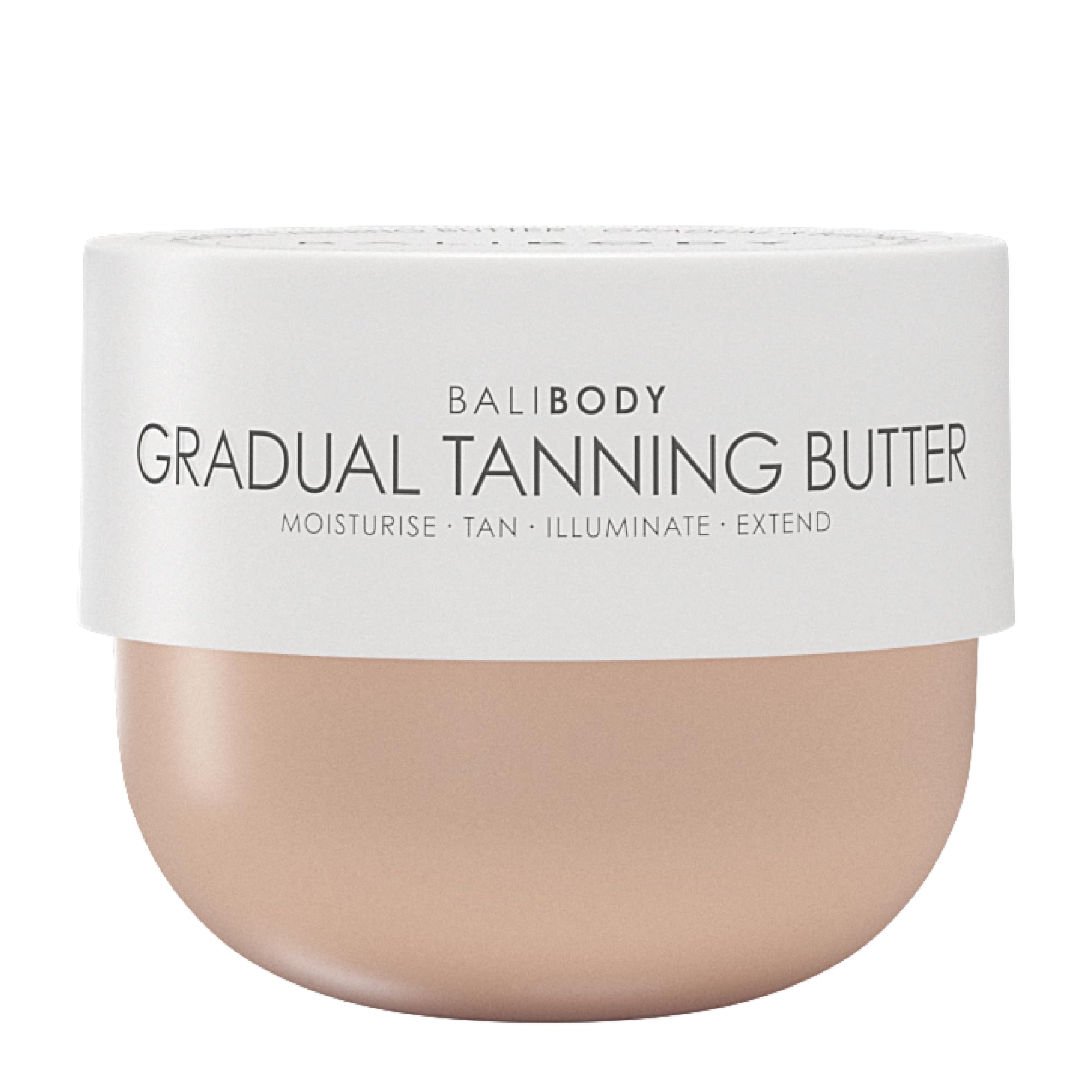 Bali Body Gradual Tanning Butter bottle close-up showing a natural, buildable glow