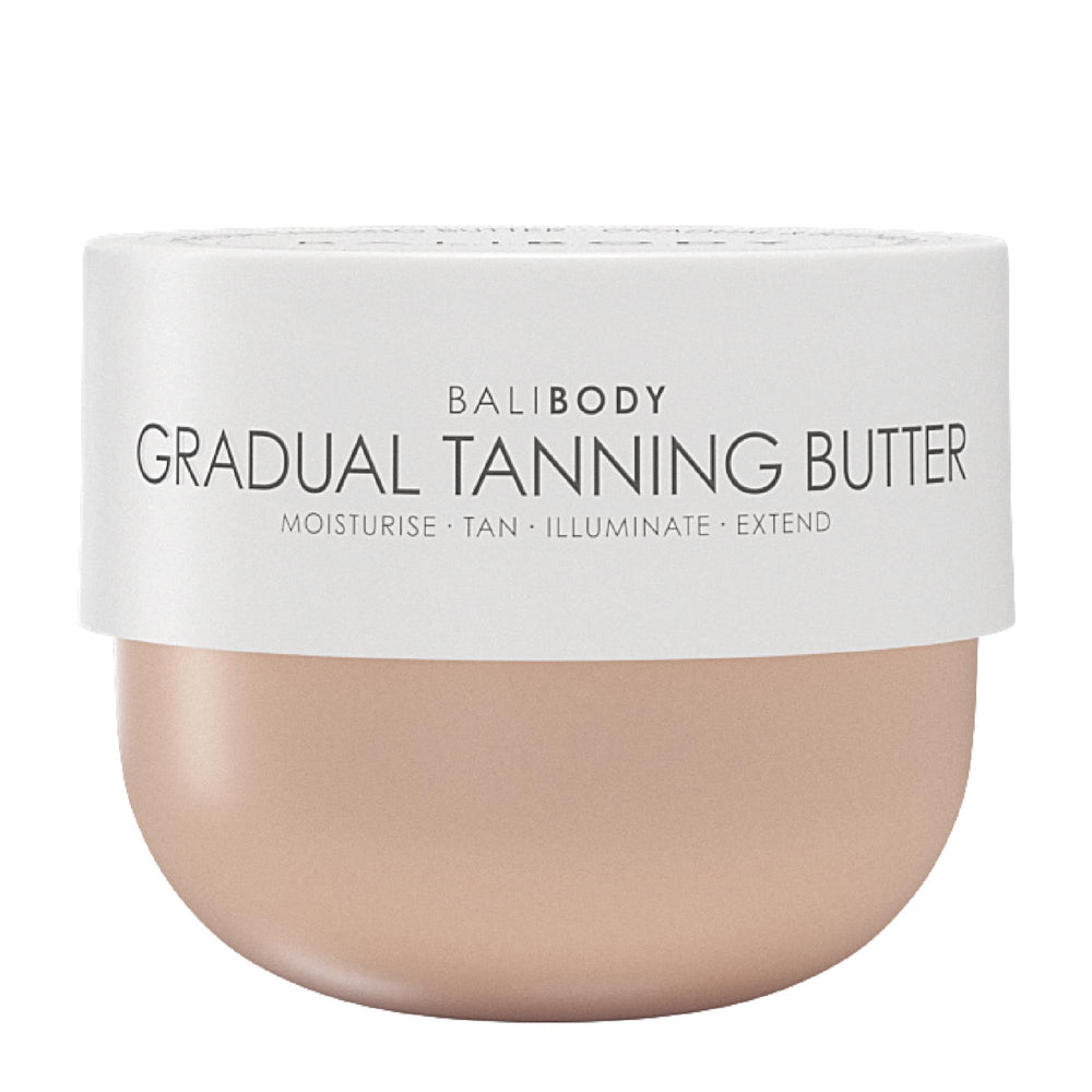 Bali Body Gradual Tanning Butter bottle close-up showing a natural, buildable glow