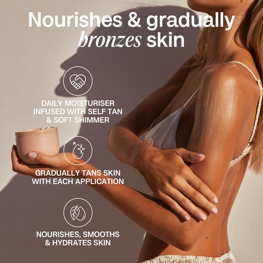 Bali Body Gradual Tanning Butter on skin reveals a healthy glow and nourished feel