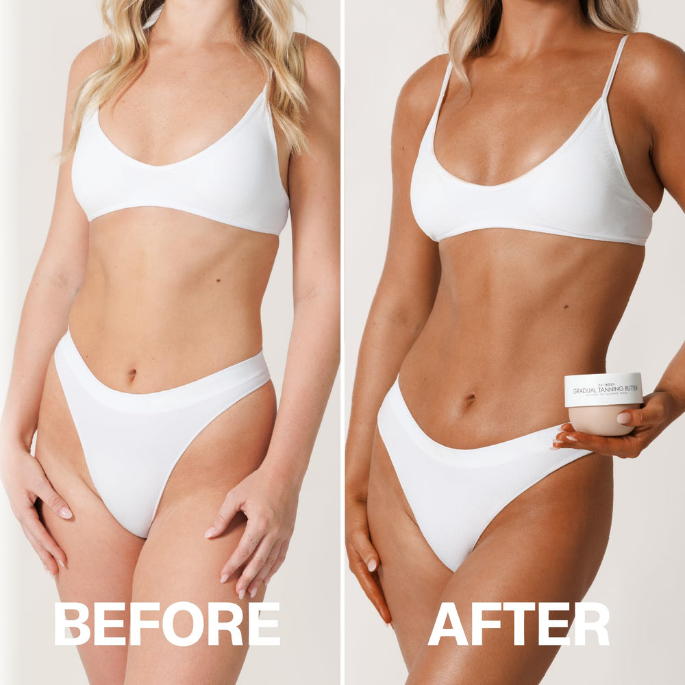 Bali Body Gradual Tanning Butter texture close-up highlights smooth, hydrated skin after use