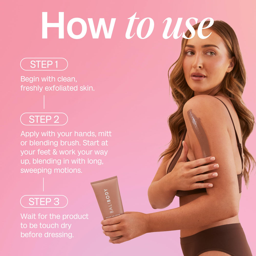 Close-up glow sight of Bali Body Instant Tan Cream on forearm.