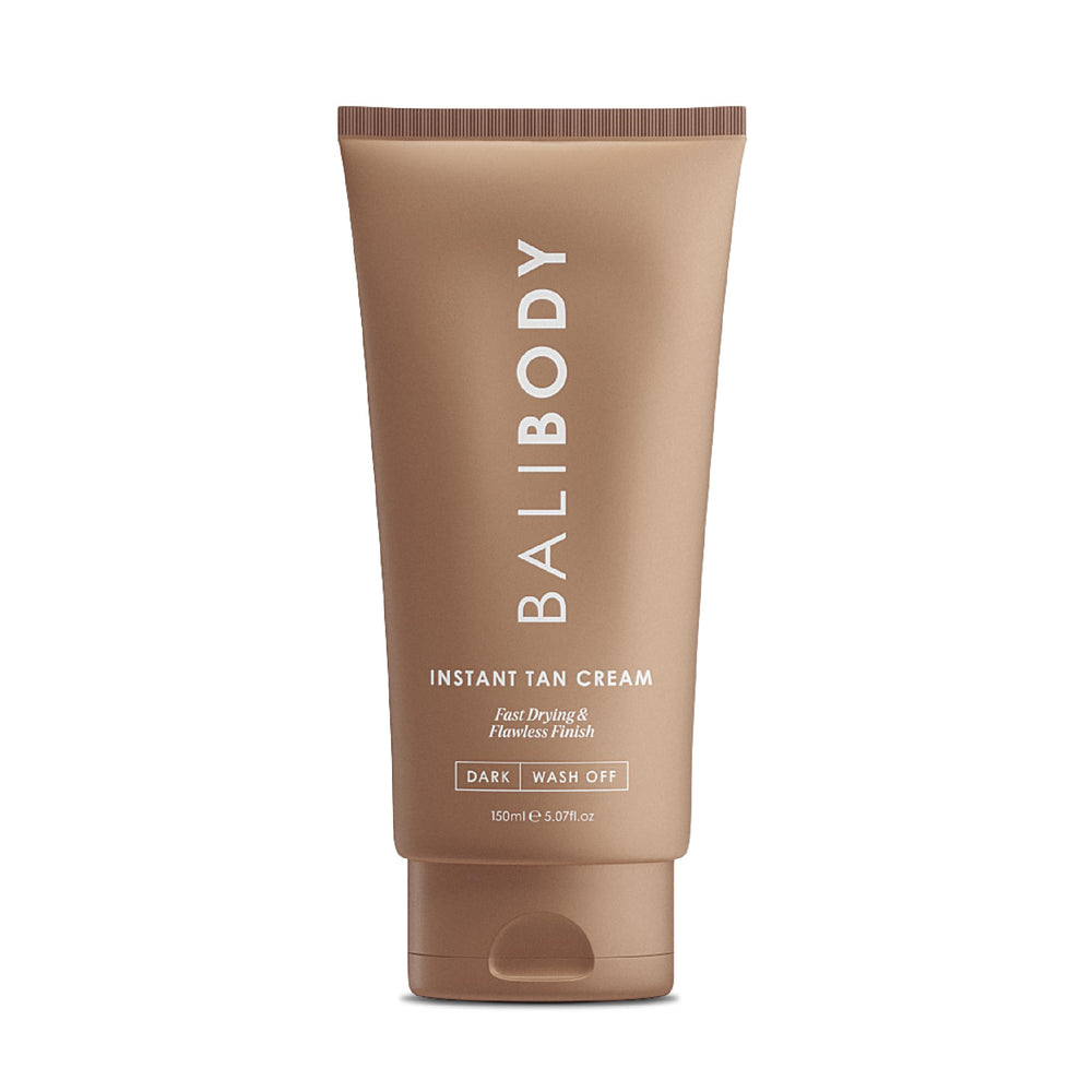 Bali Body Instant Tan Cream jar showing smooth, even tan color on skin.