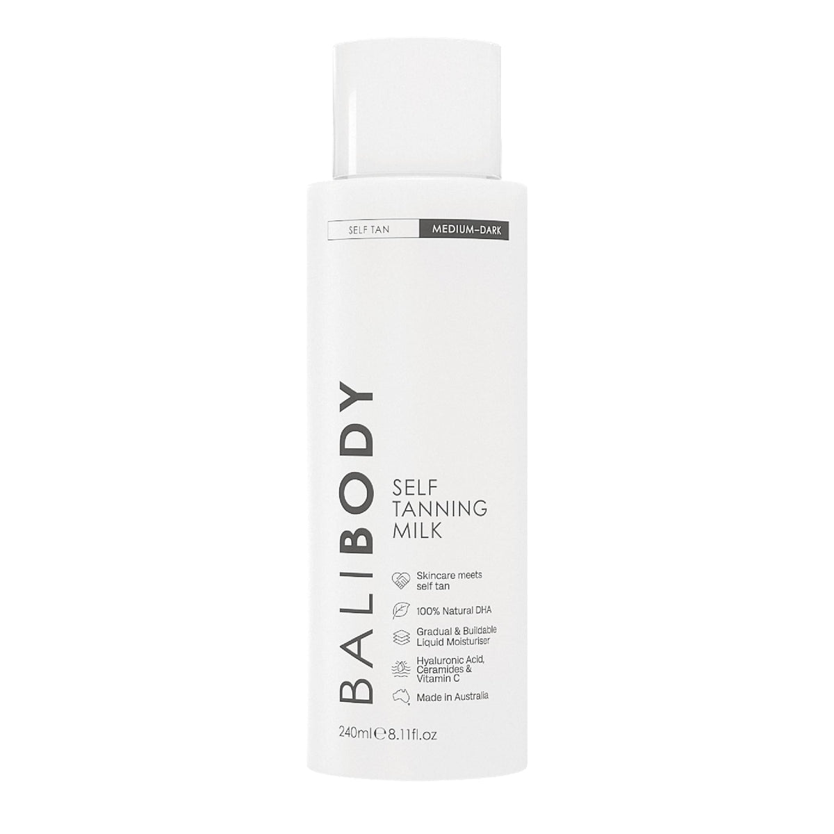Bali Body Self Tan Milk bottle for buildable bronze finish.