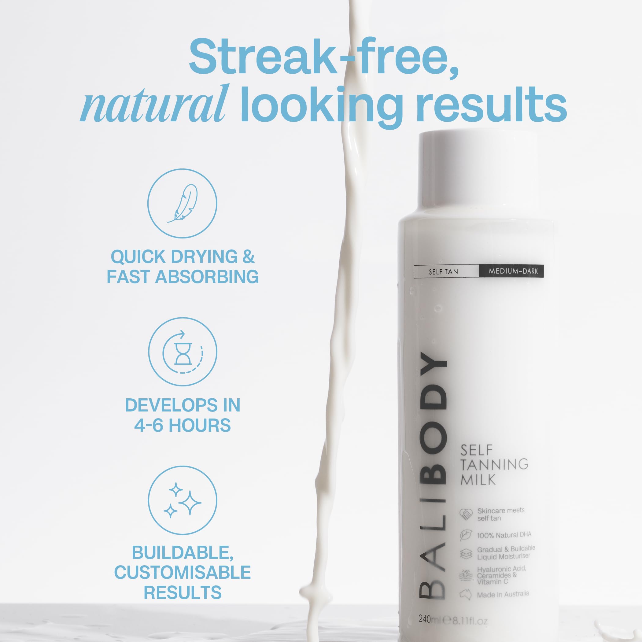 Bali Body Self Tan Milk developing in 4–6 hours for gradual tan.