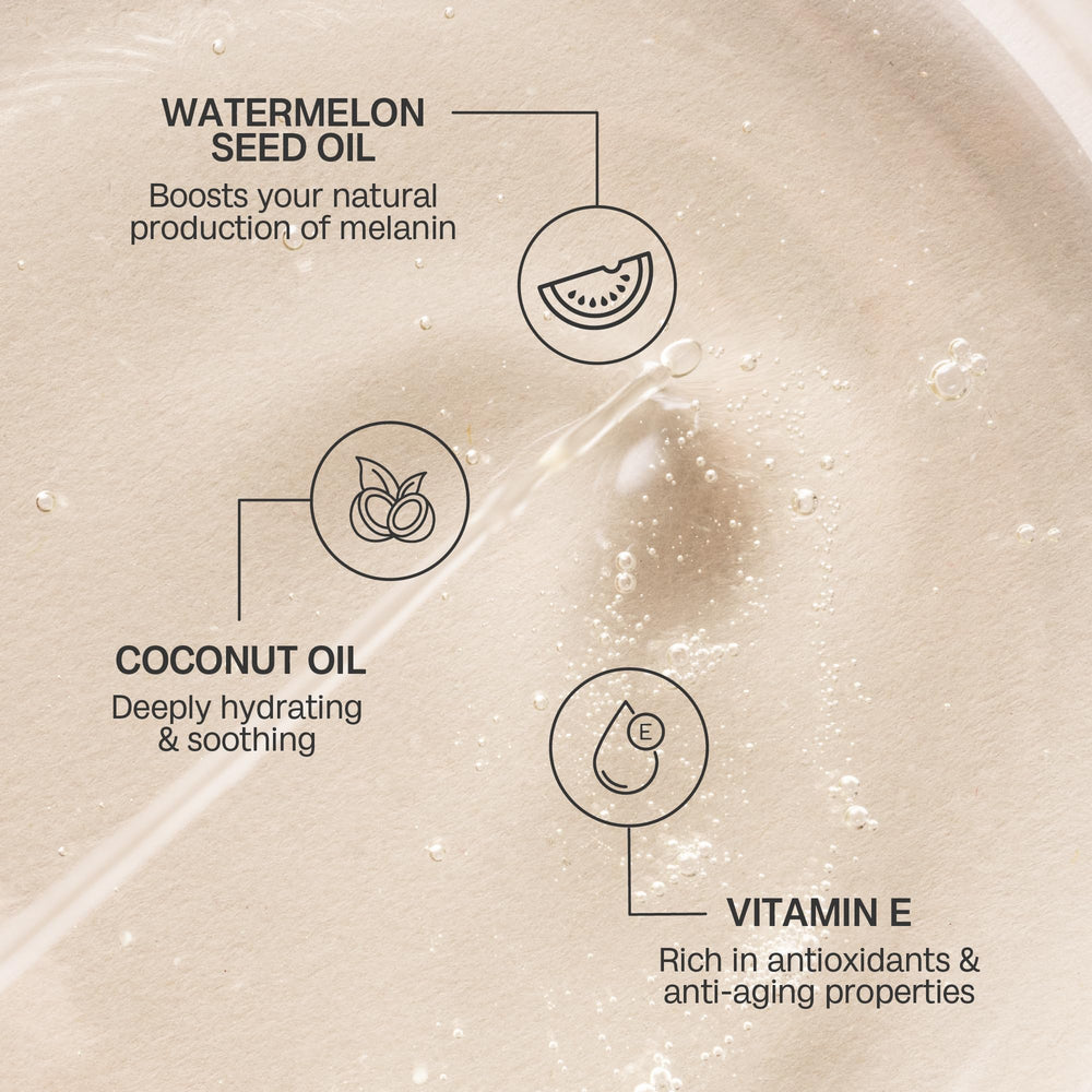 Bali Body Watermelon Tanning Oil SPF 6 glow suggesting a bronzed look