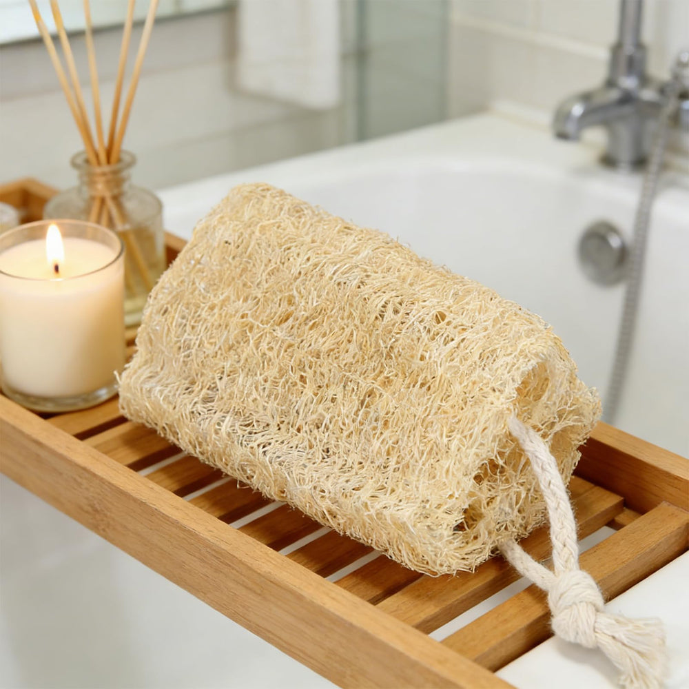 Balifeel loofah sponges shown in a spa like bath ritual setting.
