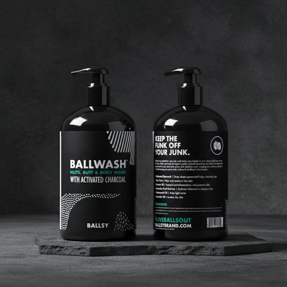Ballsy Ballwash Charcoal para zonas íntimas, limpieza suave y fresca.