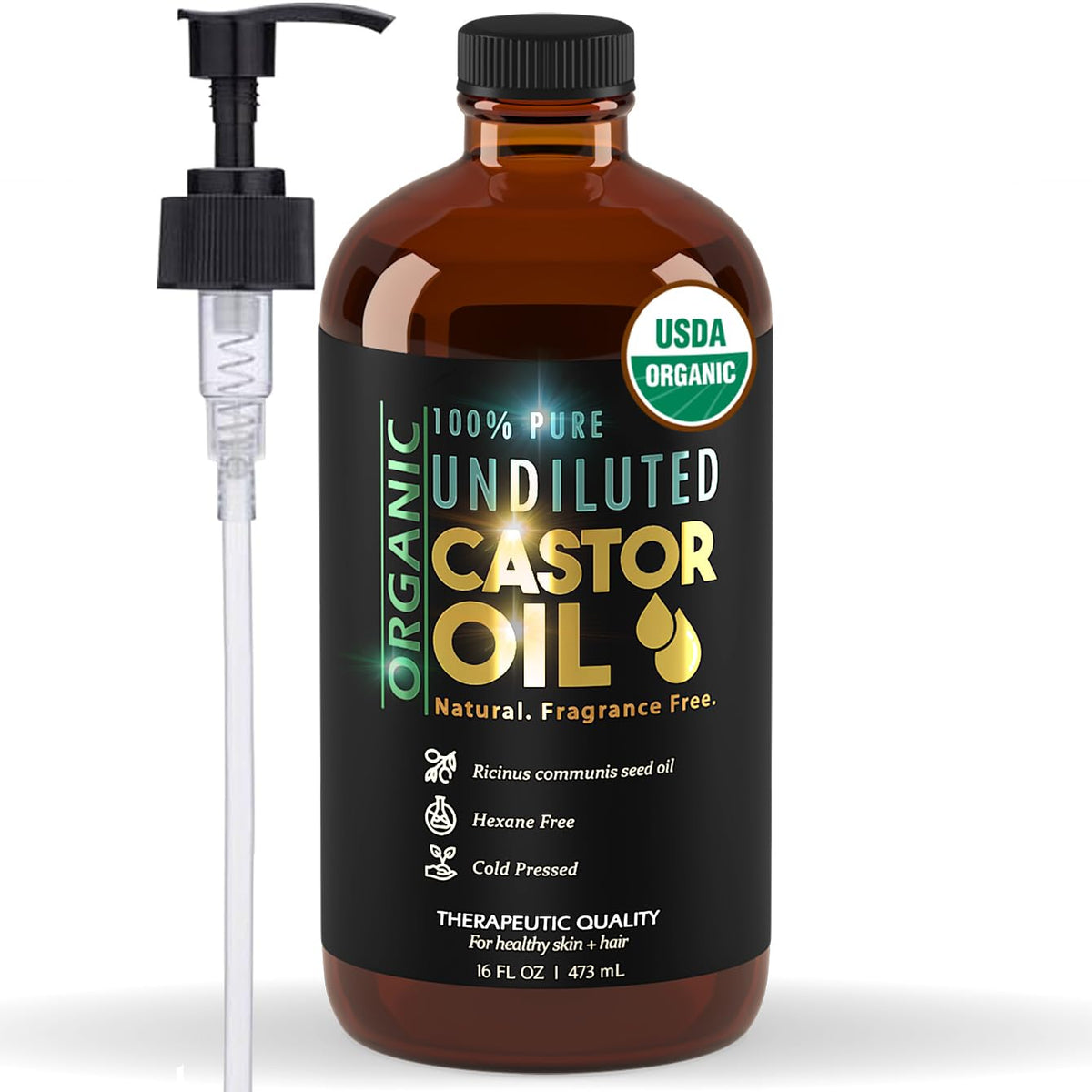 BALM OF GILEAD castor oil in amber bottle with pump for easy daily use.