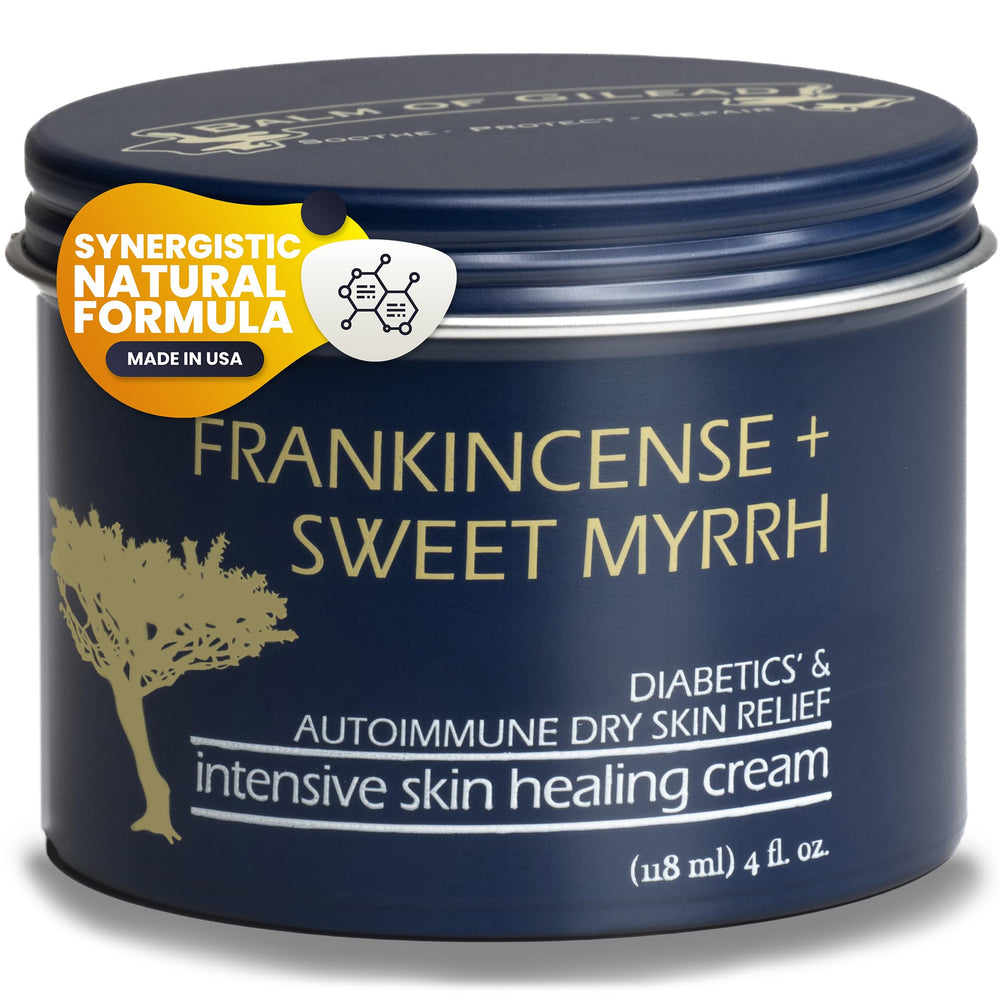 BALM OF GILEAD Foot Healing Cream jar close up showing frankincense for dry feet