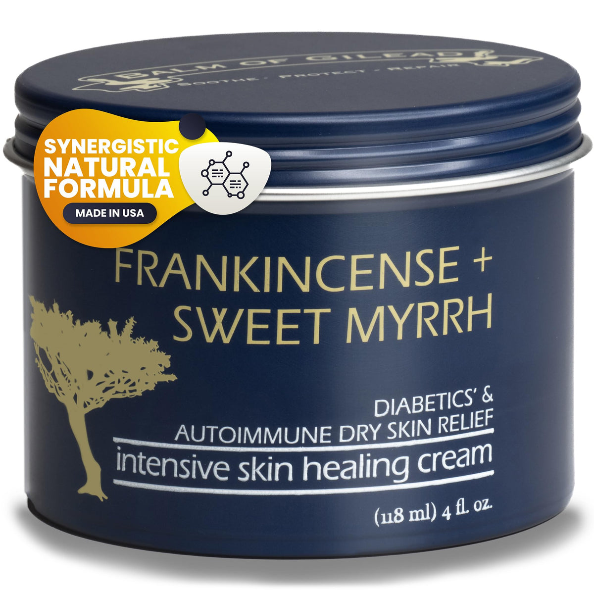 BALM OF GILEAD Foot Healing Cream jar close up showing frankincense for dry feet